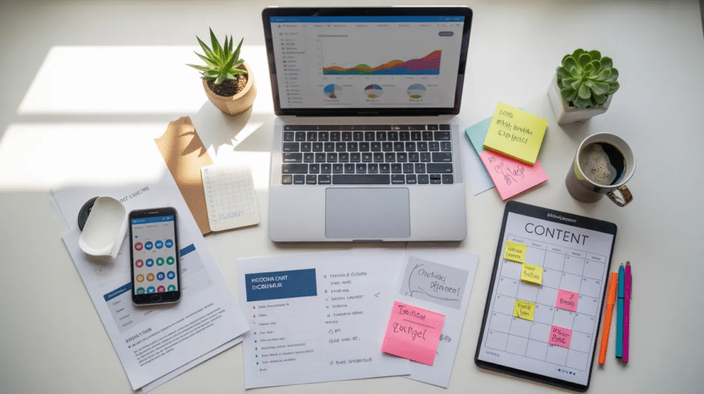 Content marketing roadmap showing consistent blogging and social media plan