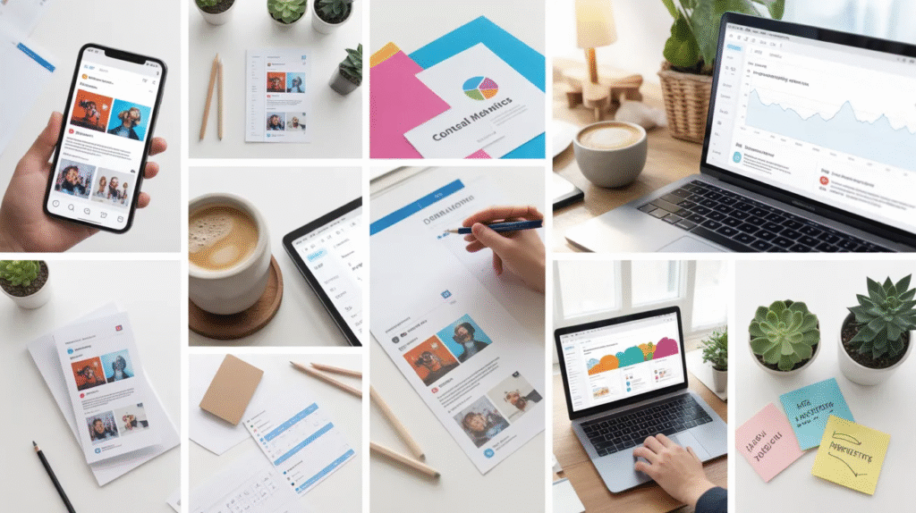 Content marketing engagement analytics showing likes, shares, and comments
